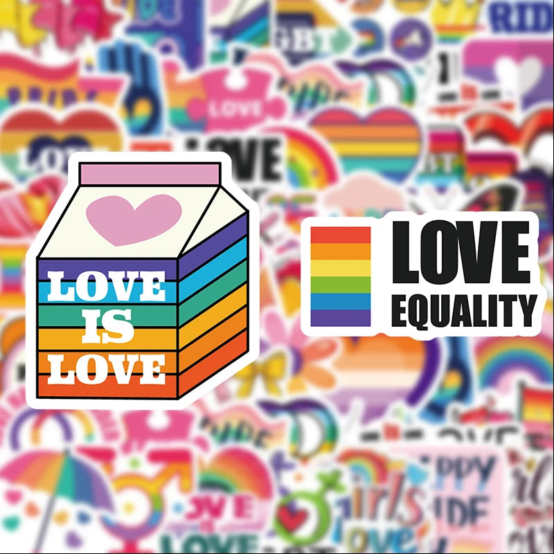 A sticker pack featuring a box labeled Love Is Love and various rainbow-themed graffiti designs.