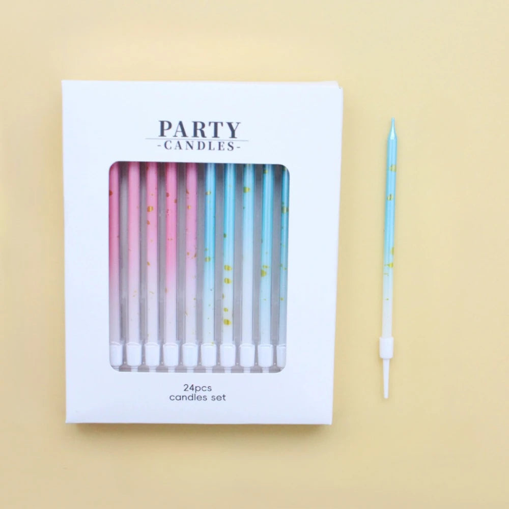 A set of 24 colorful birthday candles in a white box with the label Party Candles