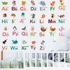 A grid of cartoon animal alphabet decals showing letters Aa through ZZ on a white wall.