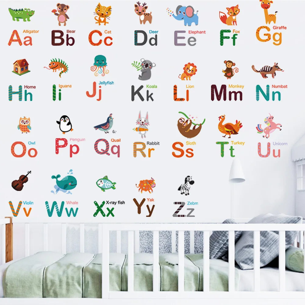 A grid of cartoon animal alphabet decals showing letters Aa through ZZ on a white wall.