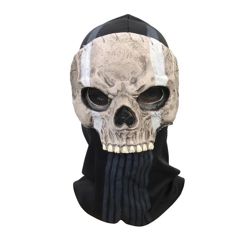 Realistic horror ghost skull latex mask with white stripes and black fabric
