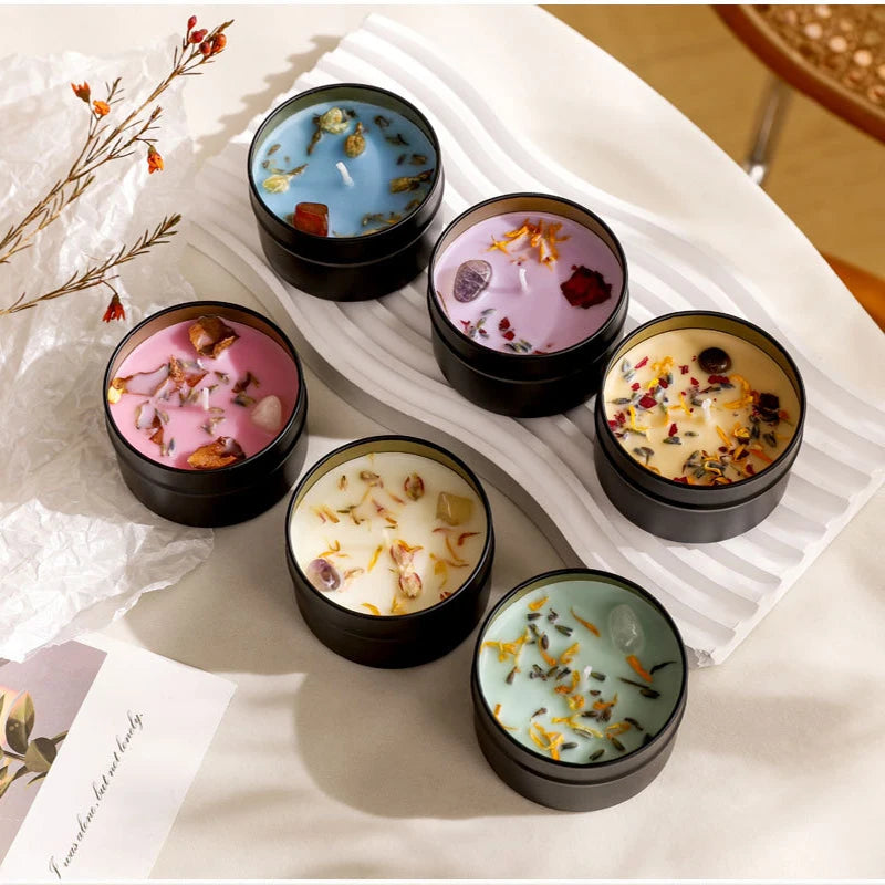 Soy Wax Aromatherapy Candle in Metallic Tin with Dried Flowers