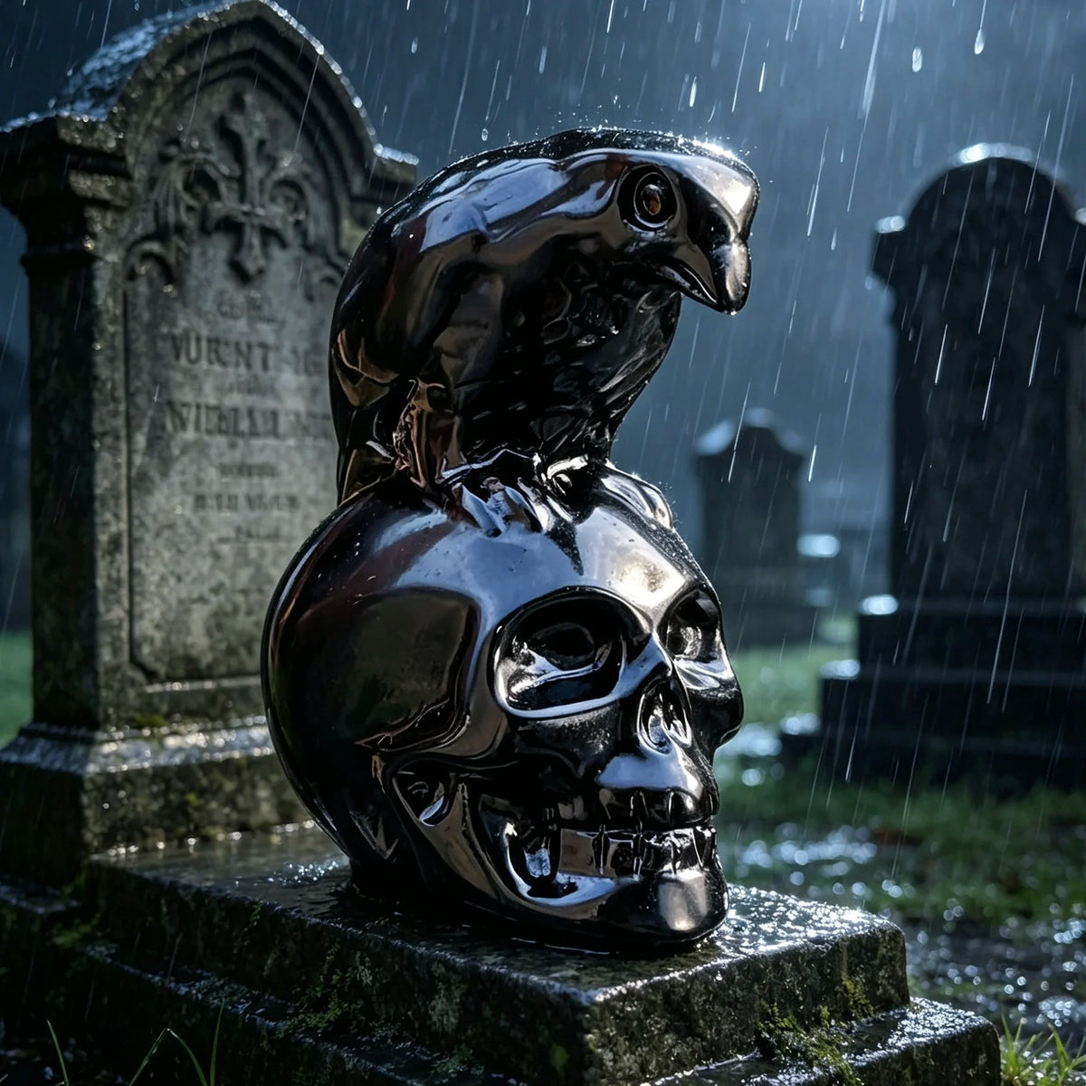 Sculpture de crâne de corbeau en obsidienne noire brillante sur une pierre tombale sous la pluie.
