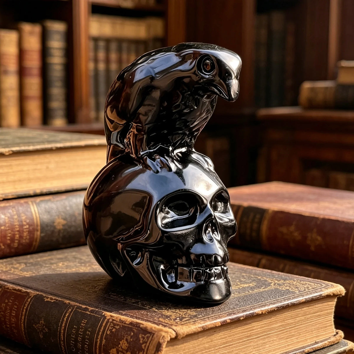 Crâne de corbeau en obsidienne noire brillant, décoration en cristal, posé sur un vieux livre relié en cuir.
