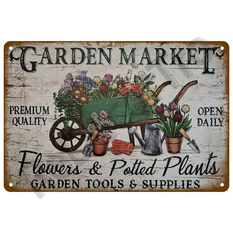 Vintage metal tin sign for a garden market featuring flowers, potted plants, and garden tools.