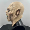 A realistic, aged human skull mask made of latex with sharp teeth, displayed on a black bust.