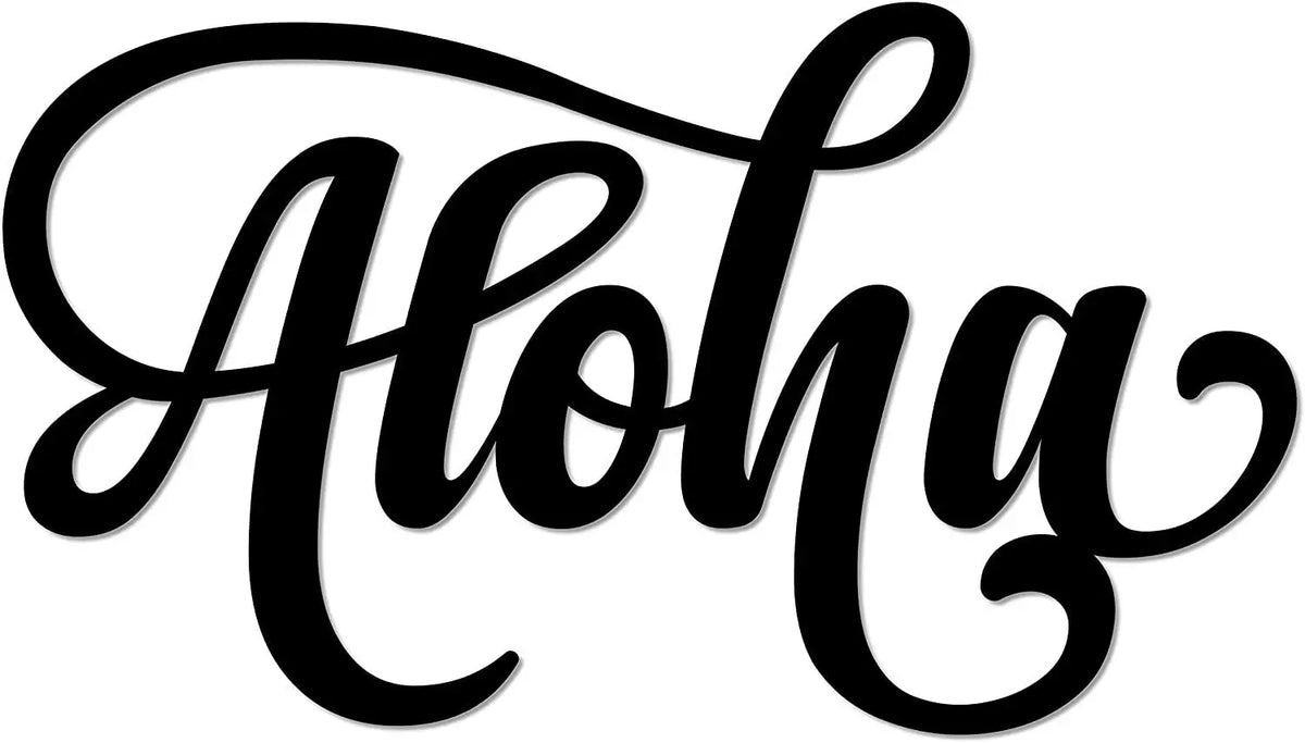Elegant script text spelling Aloha in black on a white background