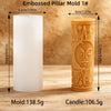 A white pillar candle mold and a finished orange-colored candle are shown next to each other.