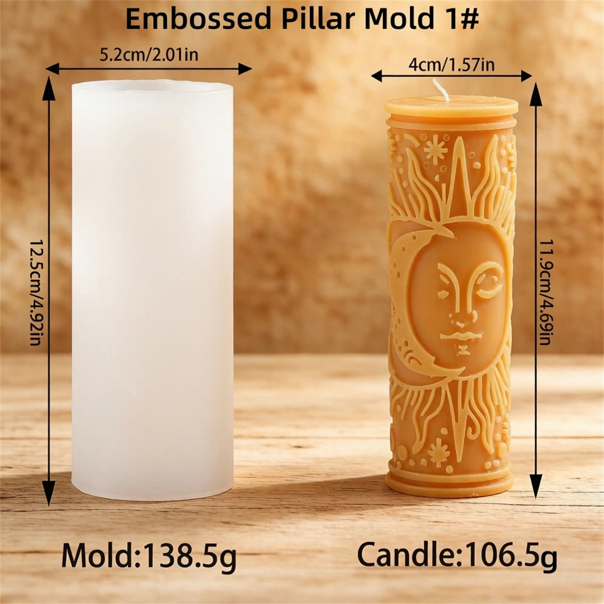 A white pillar candle mold and a finished orange-colored candle are shown next to each other.