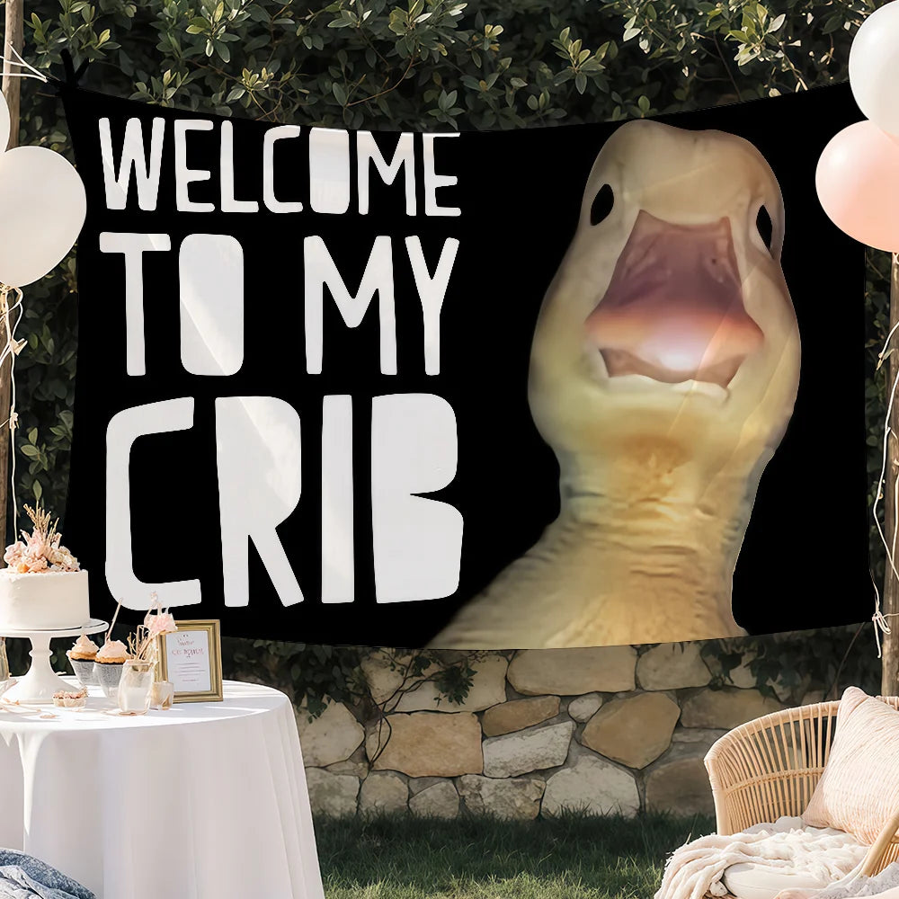 A black banner with white text "Welcome to My Crib" and a large decorative rubber duck face.