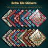 A collection of colorful, patterned retro tile stickers and decals arranged in a fan shape.