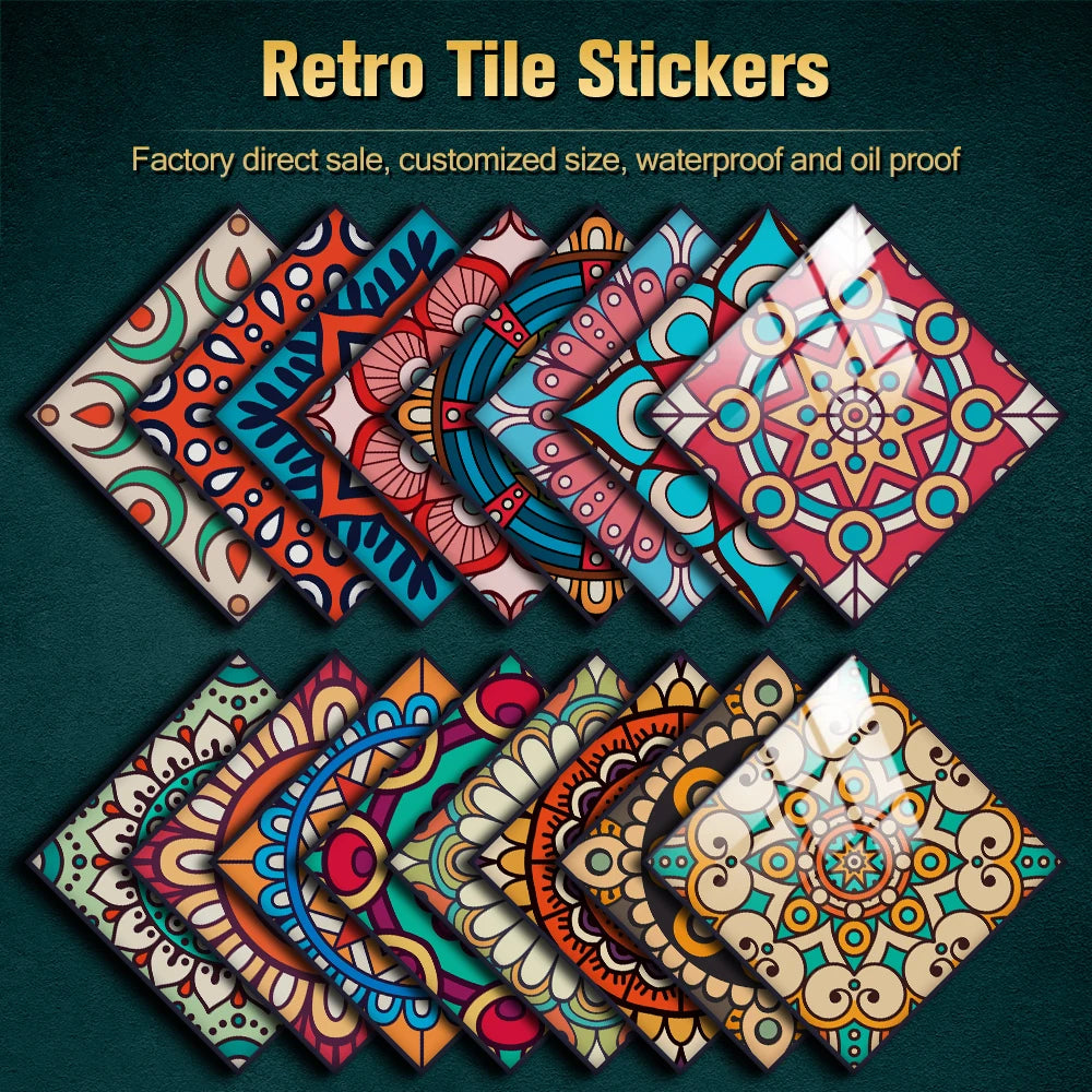 A collection of colorful, patterned retro tile stickers and decals arranged in a fan shape.