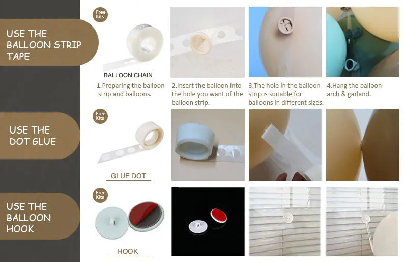 Instructions for assembling a bear-themed balloon garland kit using balloon strip tape, dot glue, and balloon hooks.