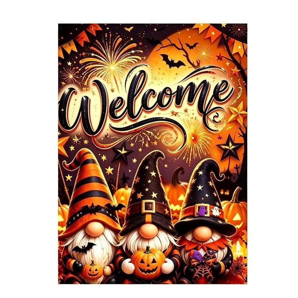 A festive Halloween graphic featuring a wizard ghost welcoming theme with stars and autumn colors.