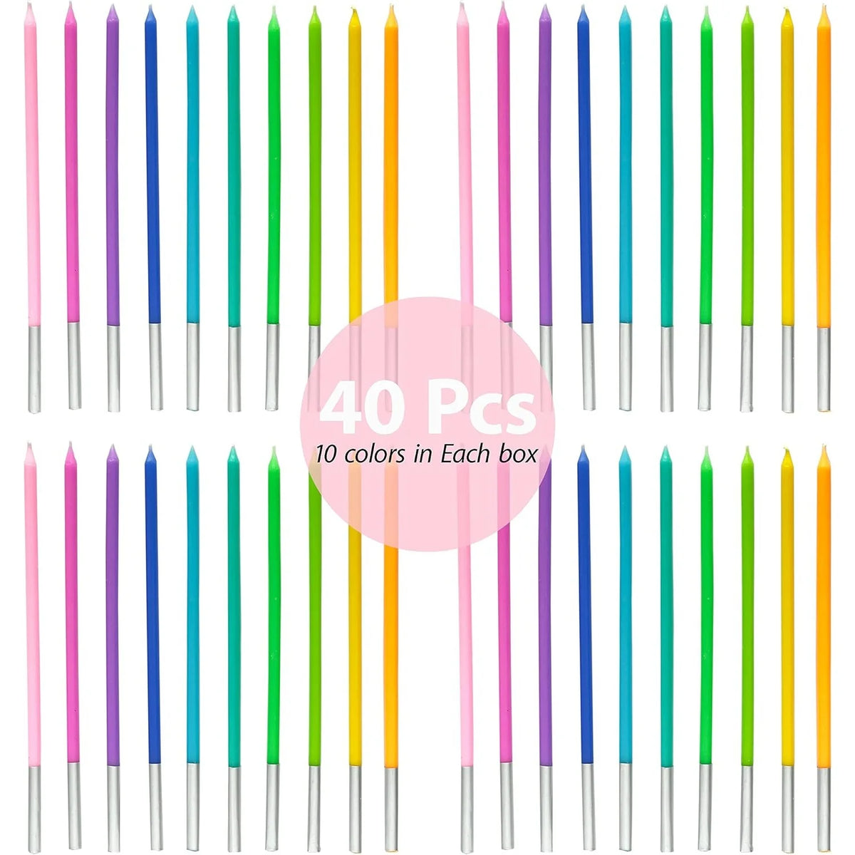 A collection of 40 spiral birthday cake candles in various colors and finishes.