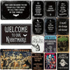 A collection of dark gothic metal tin signs featuring Halloween and horror themed text like You Are Dearer To Me and Welcome 