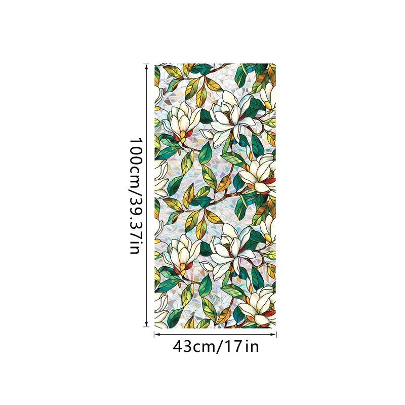 Botanical print static cling window film featuring white and yellow floral and leaf patterns