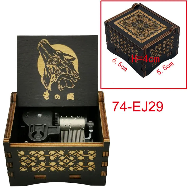 A wooden music box featuring a carved animal design and an ornate lid, with dimensions 6.5cm by 5.5cm.