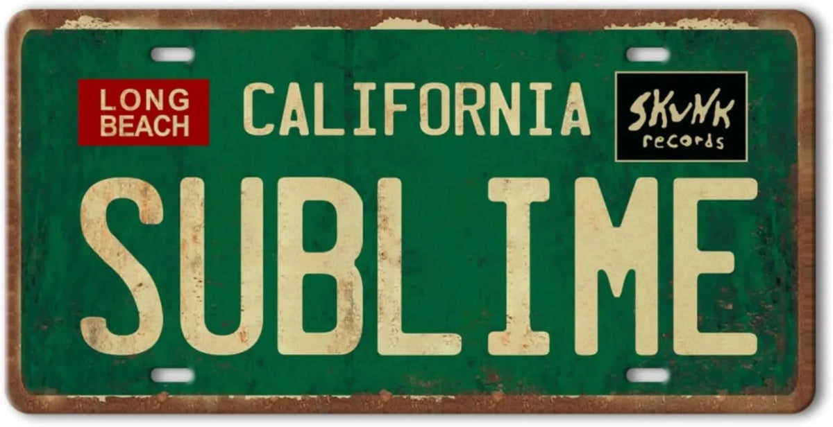 Vintage metal wall sign for Skunk Records featuring the word Sublime on a green background.