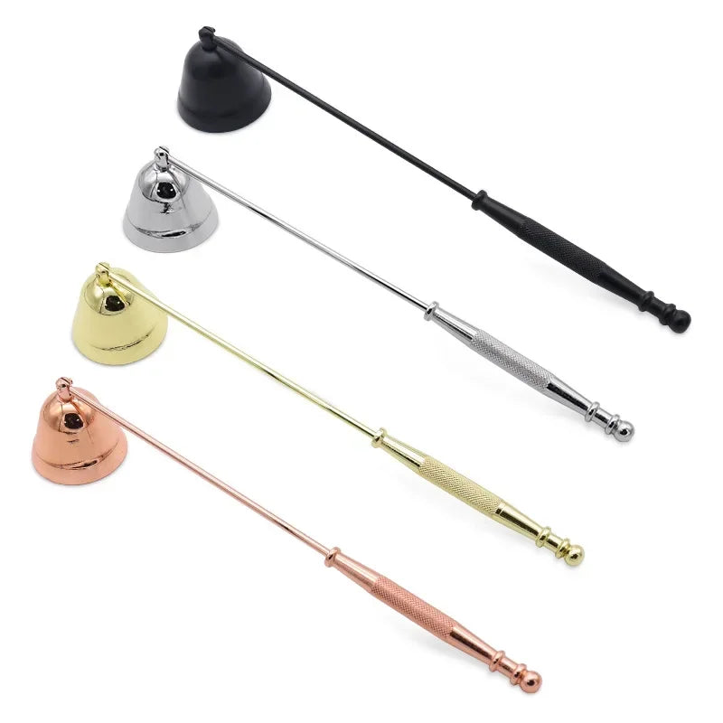 A set of four stainless steel candle extinguisher tools with black handles and brass accents.