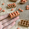 Hands hold a small wooden tray filled with brown eggs, set against a light fabric background.