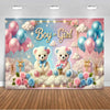 A colorful gender reveal backdrop featuring pink and blue balloons, clouds, and teddy bears.