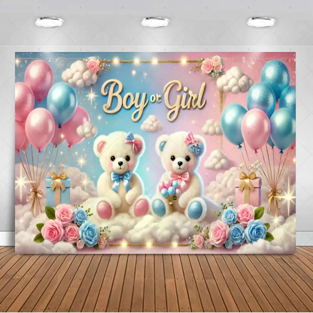 A colorful gender reveal backdrop featuring pink and blue balloons, clouds, and teddy bears.