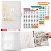 A leather-bound savings challenge binder featuring numbered pages and a tracker for managing cash savings envelopes.