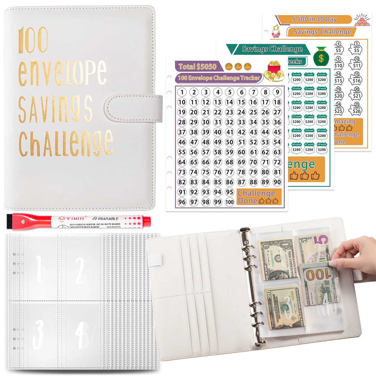A leather-bound savings challenge binder featuring numbered pages and a tracker for managing cash savings envelopes.