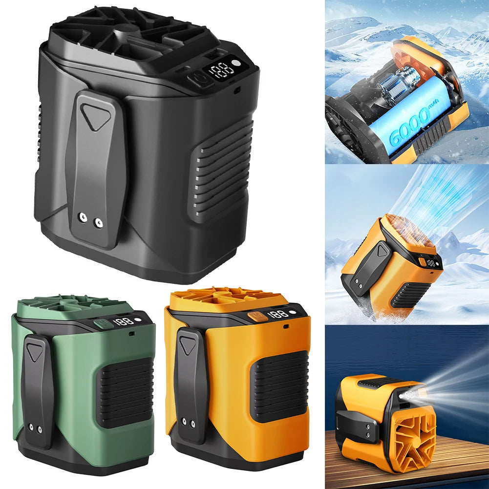 Portable rechargeable waist fan shown in black and orange colors with LED light features.