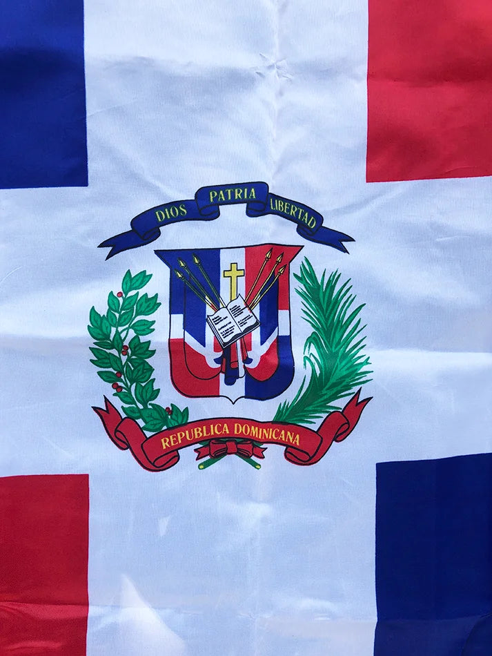 Banner mit der Flagge der Dominikanischen Republik und dem Wappen.