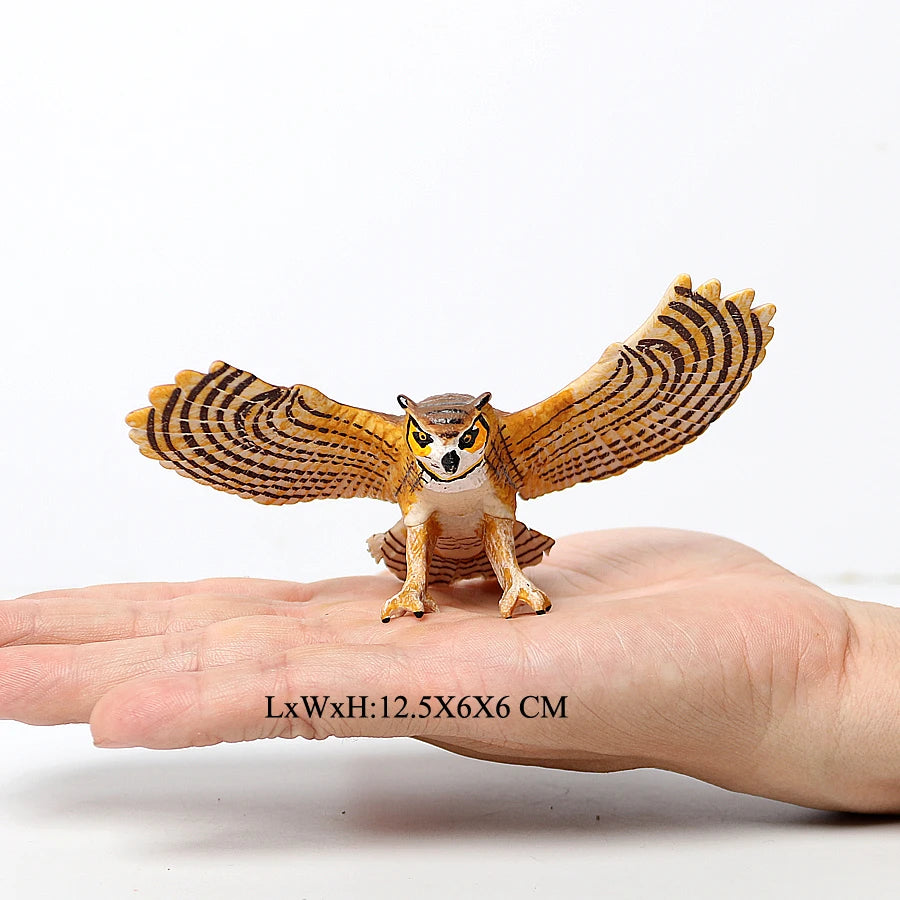 Realistic birds of prey figurine set featuring an owl, vulture, and bald eagle resting on a human hand.