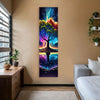 A vertical tapestry wall hanging depicting a vibrant, colorful tree of life against a dark background.