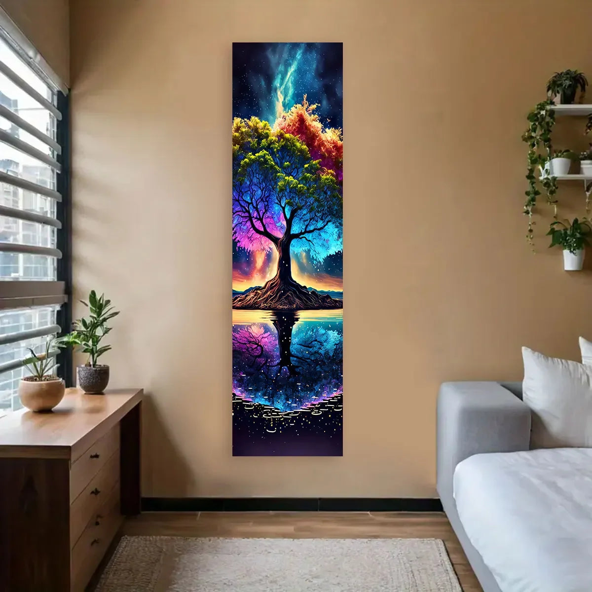 A vertical tapestry wall hanging depicting a vibrant, colorful tree of life against a dark background.