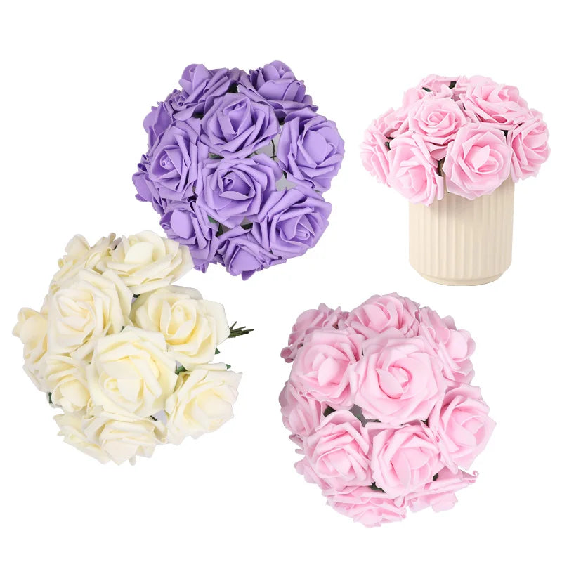 A set of two bouquets featuring purple and pink foam roses for weddings and home decor