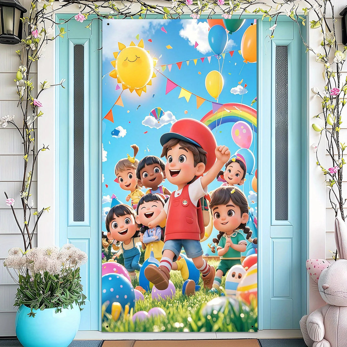 A colorful decorative banner featuring happy children and a bright sun against a blue sky on a door.