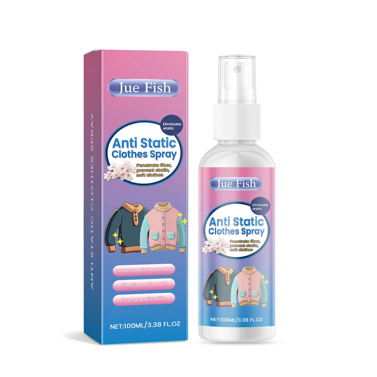 A bottle of Jue Fish Anti-Static Clothes Spray with a pink and blue label and a box.