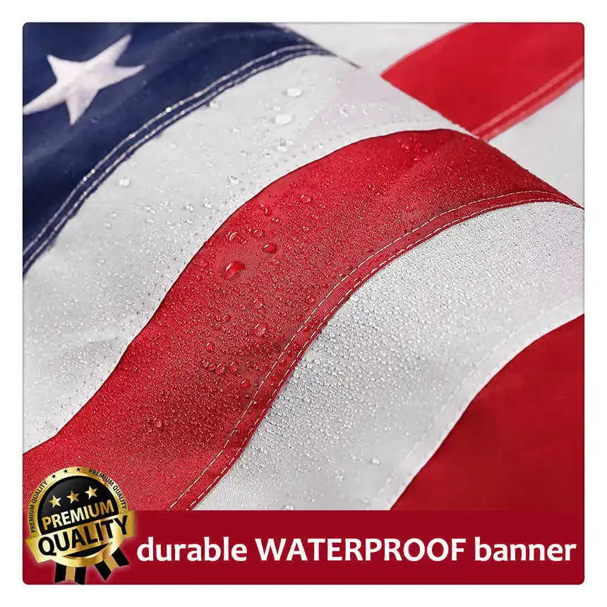 Close-up of a durable waterproof banner featuring an embroidered American flag design.