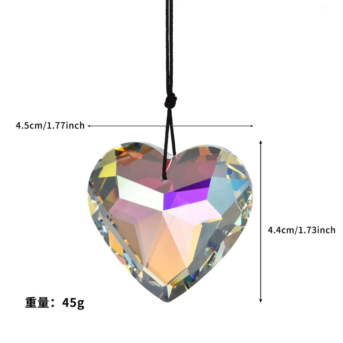 A clear crystal heart pendant with a faceted prism design hanging from a black cord.