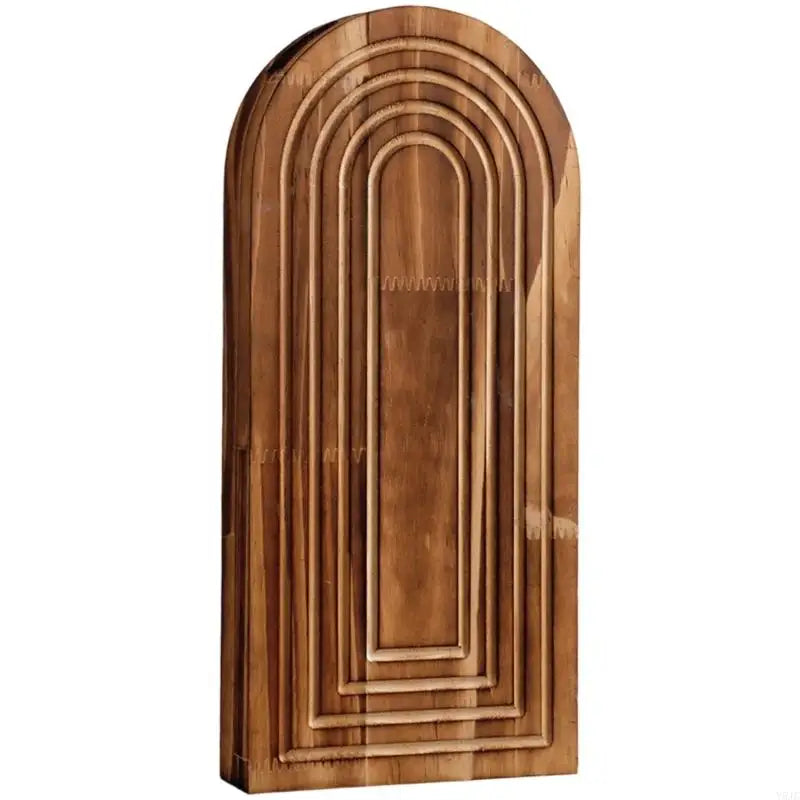 A vertical wooden wall planter with an arched top and ribbed texture.