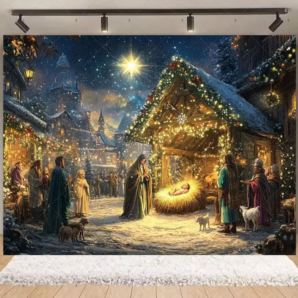 Starry Night Nativity Scene Backdrop for Christmas Celebrations