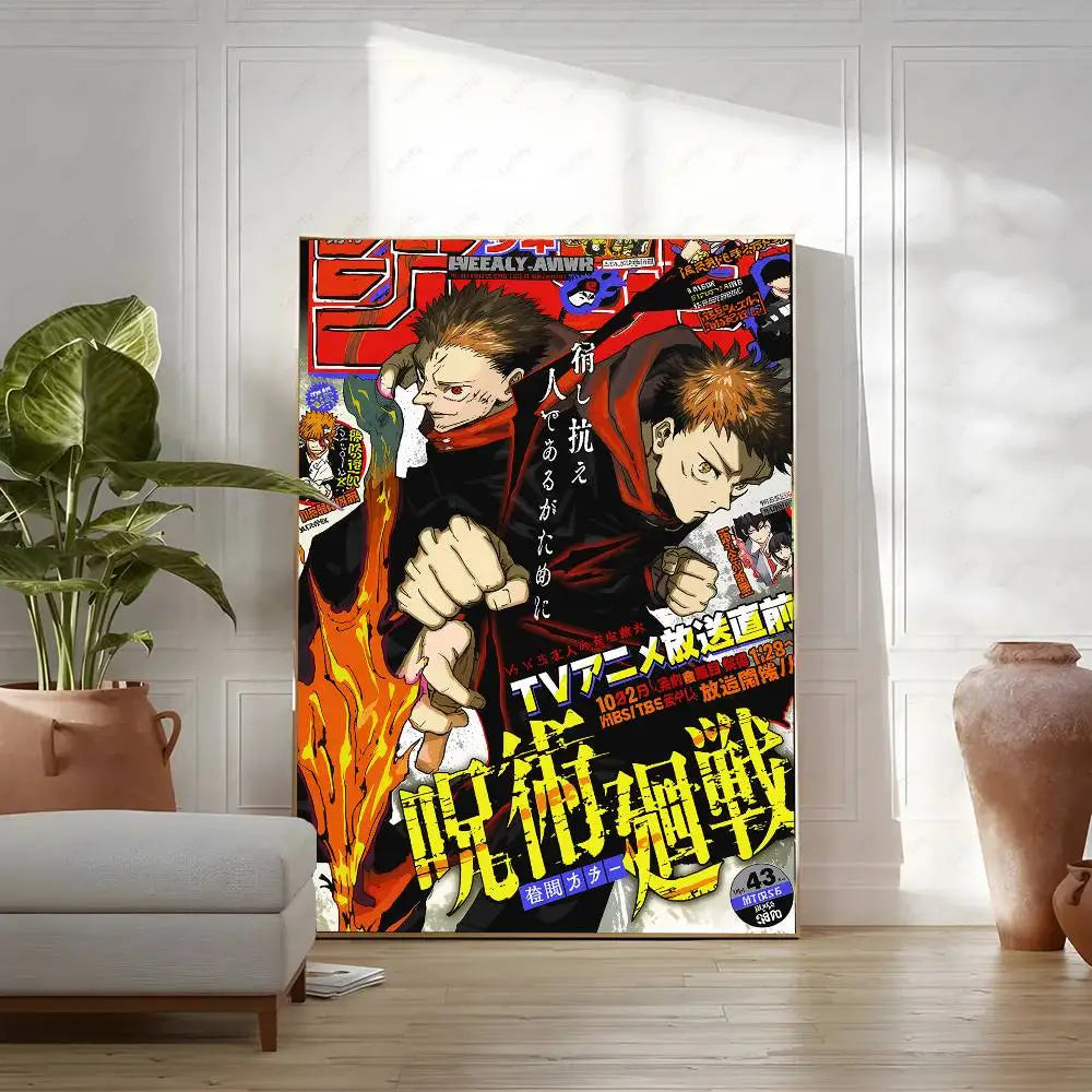 A vertical poster featuring characters from Jujutsu Kaisen anime in a dynamic style displayed on a white wall.