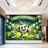 A vibrant football-themed birthday backdrop featuring a soccer ball, balloons, and gold trophies.