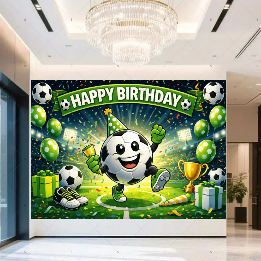 A vibrant football-themed birthday backdrop featuring a soccer ball, balloons, and gold trophies.