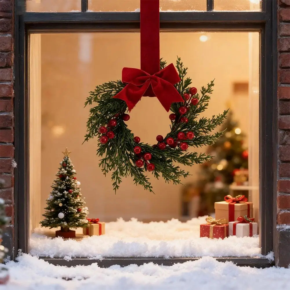 An artificial Christmas wreath with green foliage, red berries, and a large red velvet bow displayed in a window.