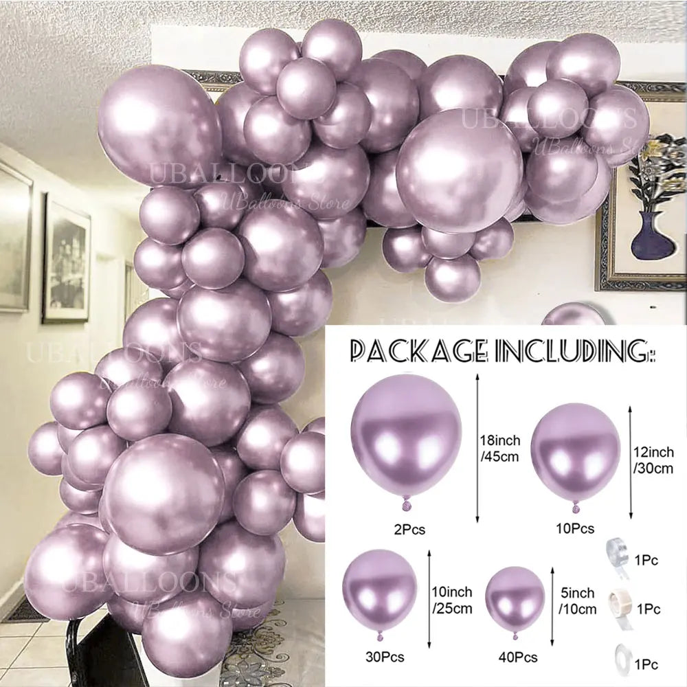 A package of metallic chrome gold balloons for a balloon garland kit showing various sizes and quantities