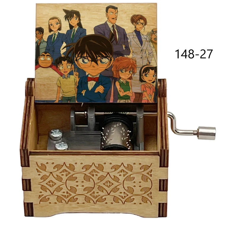 A wooden music box featuring Detective Conan anime characters and a mechanism.