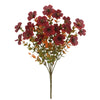 A spray of vibrant artificial pansy flowers in shades of deep red and orange on a thin stem.