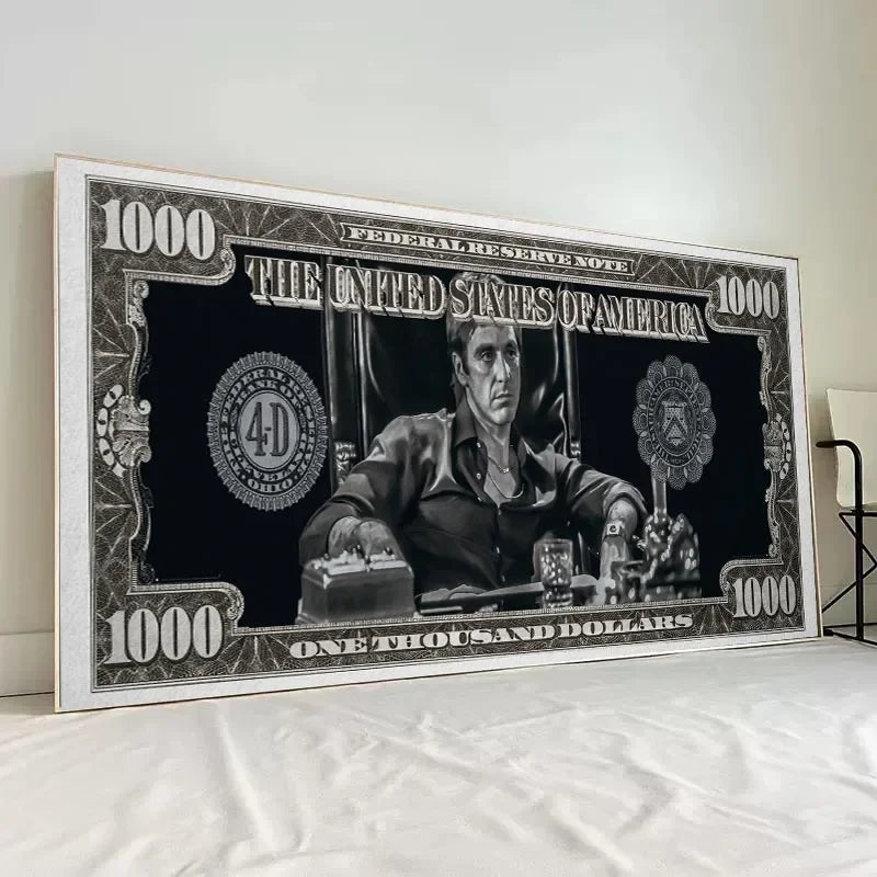 Framed canvas wall art depicting a stylized 1000 Federal Reserve note design.