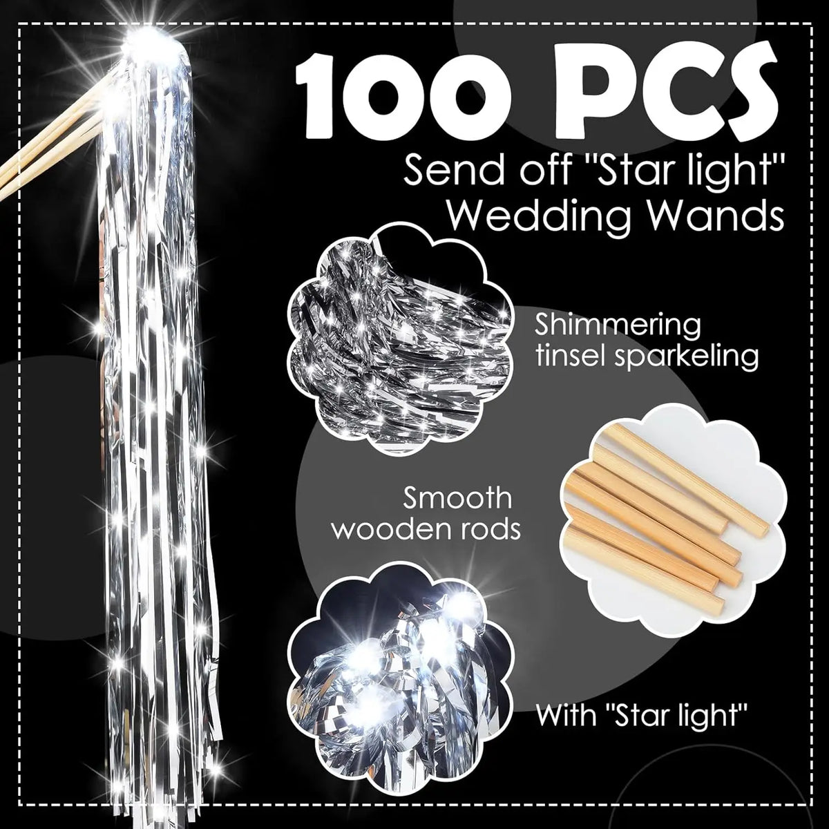 100 pieces of shimmering tinsel wedding wands with LED light and smooth wooden rods